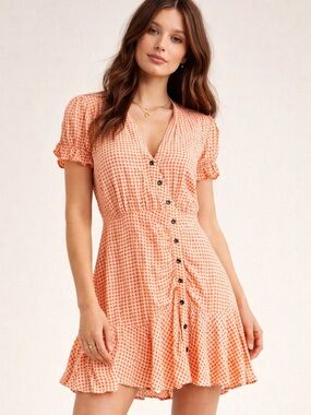 Free People Peach Check Button-Front Mini Dress XS